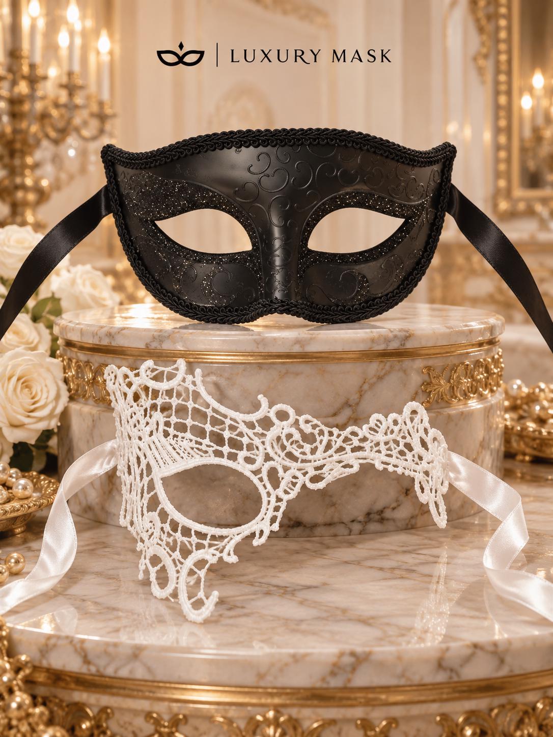 White Phantom Lace Mask for Women & Black Glitter Venetian Mask for Men | Black White Masquerade Couple Set - product image 6