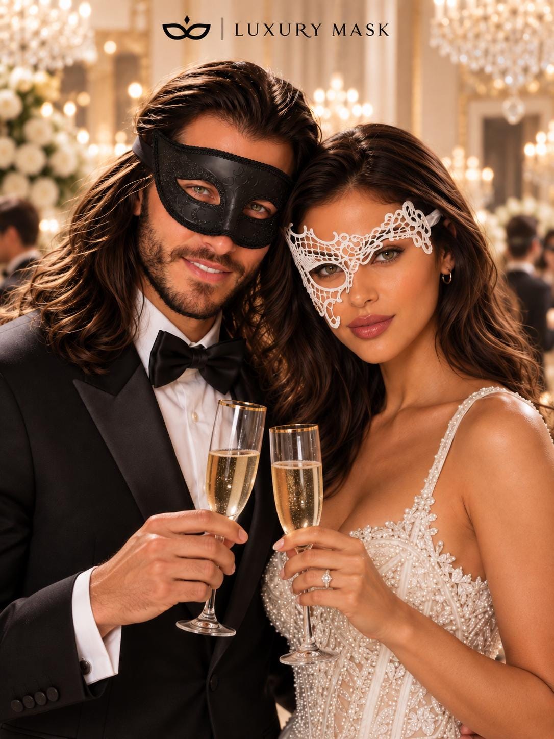 White Phantom Lace Mask for Women & Black Glitter Venetian Mask for Men | Black White Masquerade Couple Set - product image 5