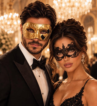 Gold & Black Couples Masquerade Mask Set | Gold Classic Venetian Mask for Men and Elegant Black Lace Mask for Women