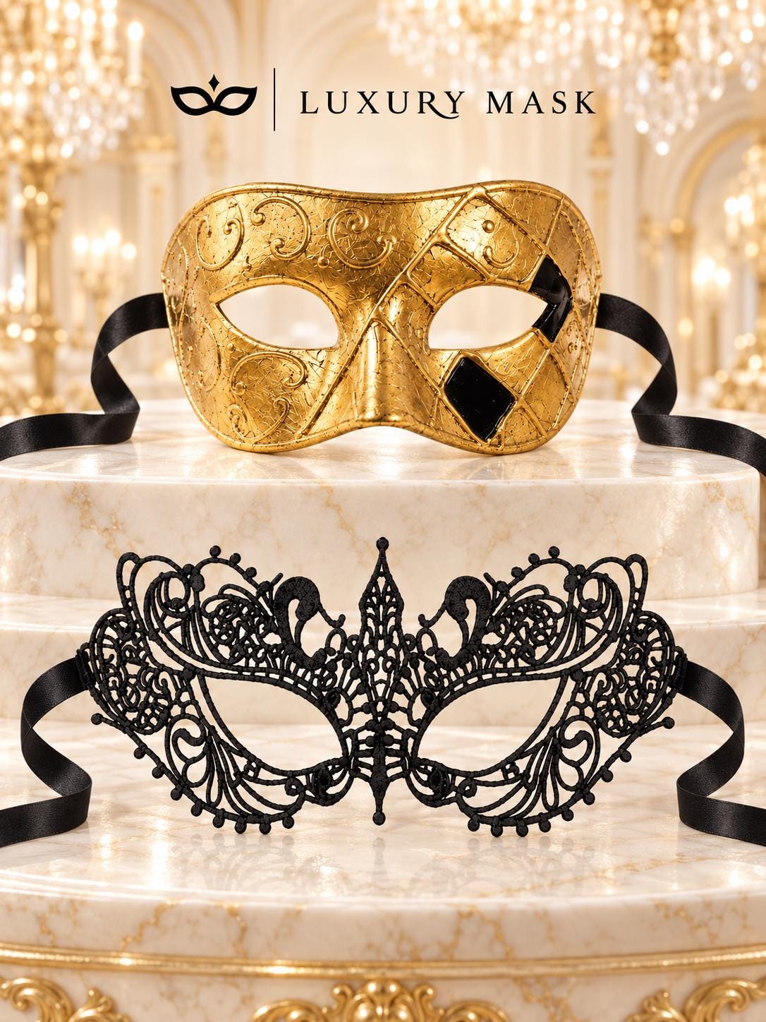 Gold & Black Couples Masquerade Mask Set | Gold Classic Venetian Mask for Men and Elegant Black Lace Mask for Women product view 6