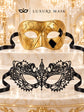 Gold & Black Couples Masquerade Mask Set | Gold Classic Venetian Mask for Men and Elegant Black Lace Mask for Women product view 6