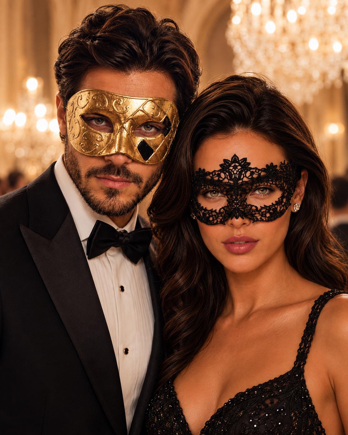 Gold Classic Venetian Mask for Men & Black Flower Lace Mask for Women | Elegant Couples Masquerade Mask Set product view 2