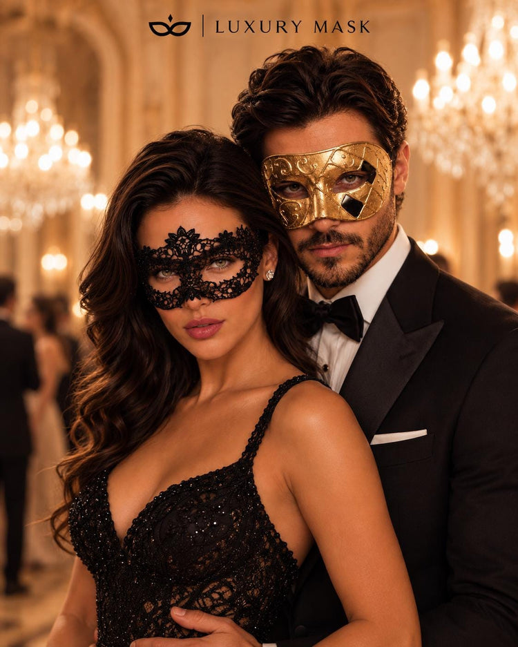 Gold Classic Venetian Mask for Men & Black Flower Lace Mask for Women | Elegant Couples Masquerade Mask Set product view 3