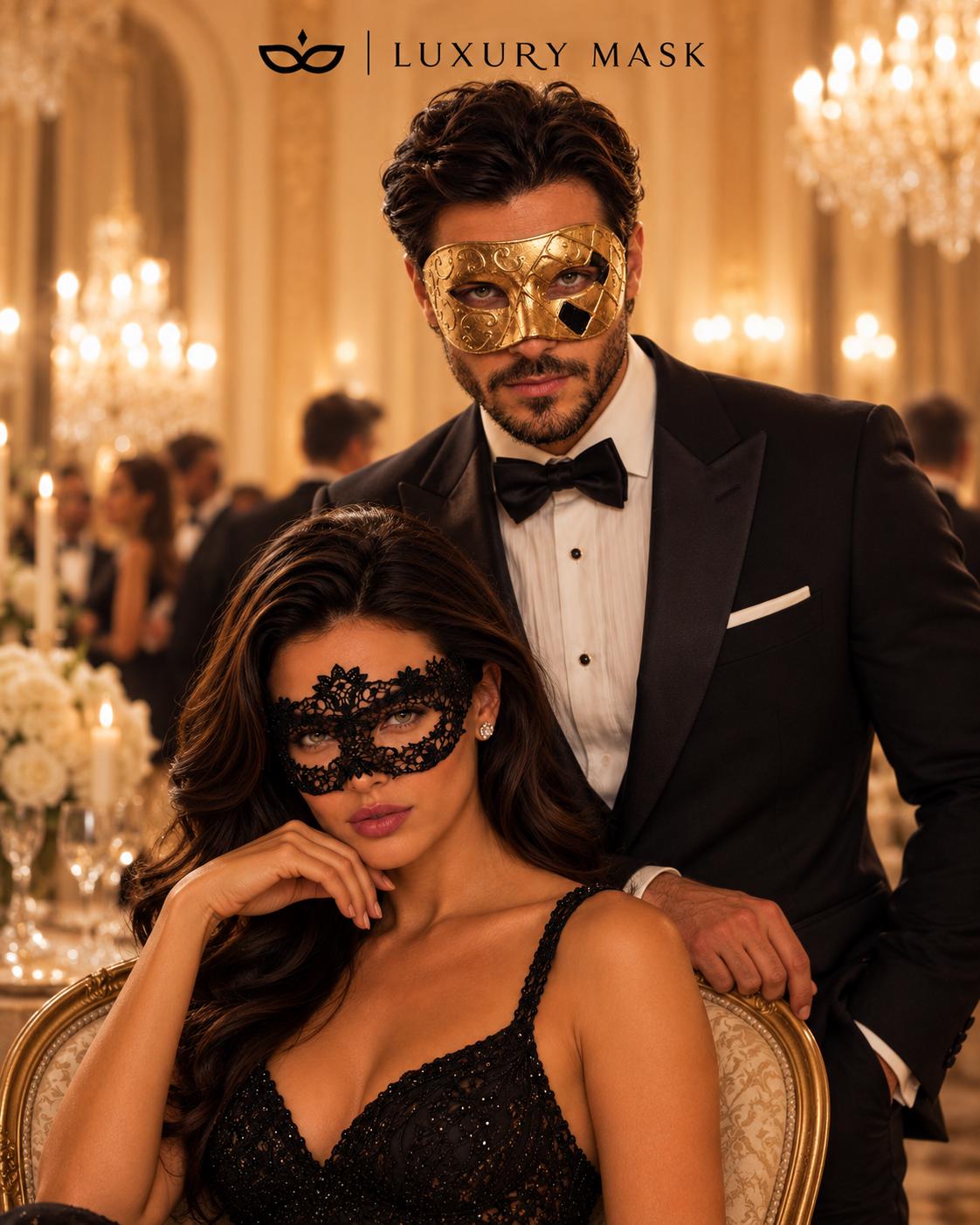 Gold Classic Venetian Mask for Men & Black Flower Lace Mask for Women | Elegant Couples Masquerade Mask Set product view 5