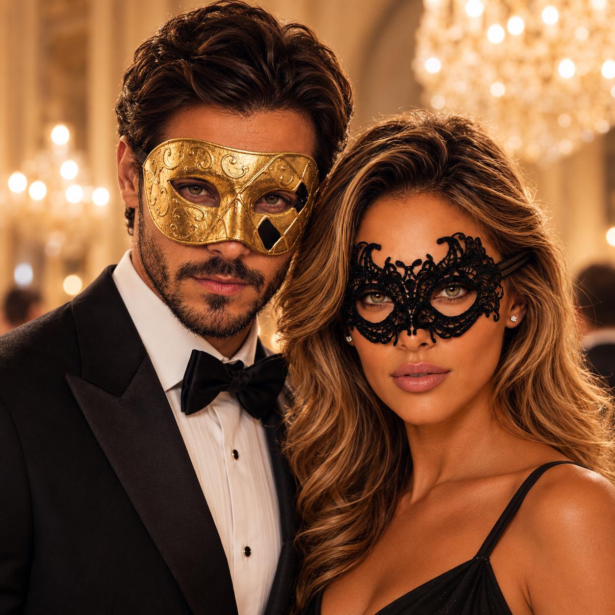 Gold Classic Venetian Mask for Men & Black Elastic Lace Mask for Women | His and Hers Couples Masquerade Mask Set product view 3