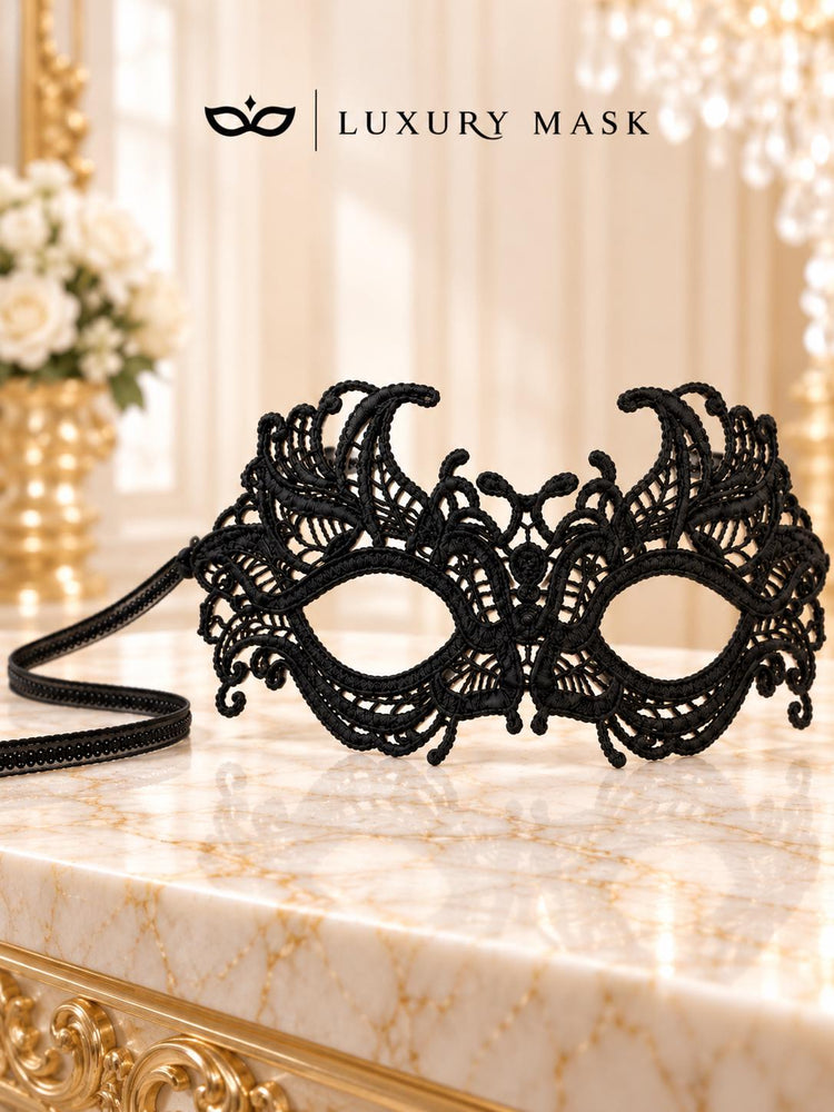 Gold Classic Venetian Mask for Men & Black Elastic Lace Mask for Women | His and Hers Couples Masquerade Mask Set product view 6