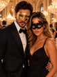 Gold Classic Venetian Mask for Men & Black Elastic Lace Mask for Women | His and Hers Couples Masquerade Mask Set