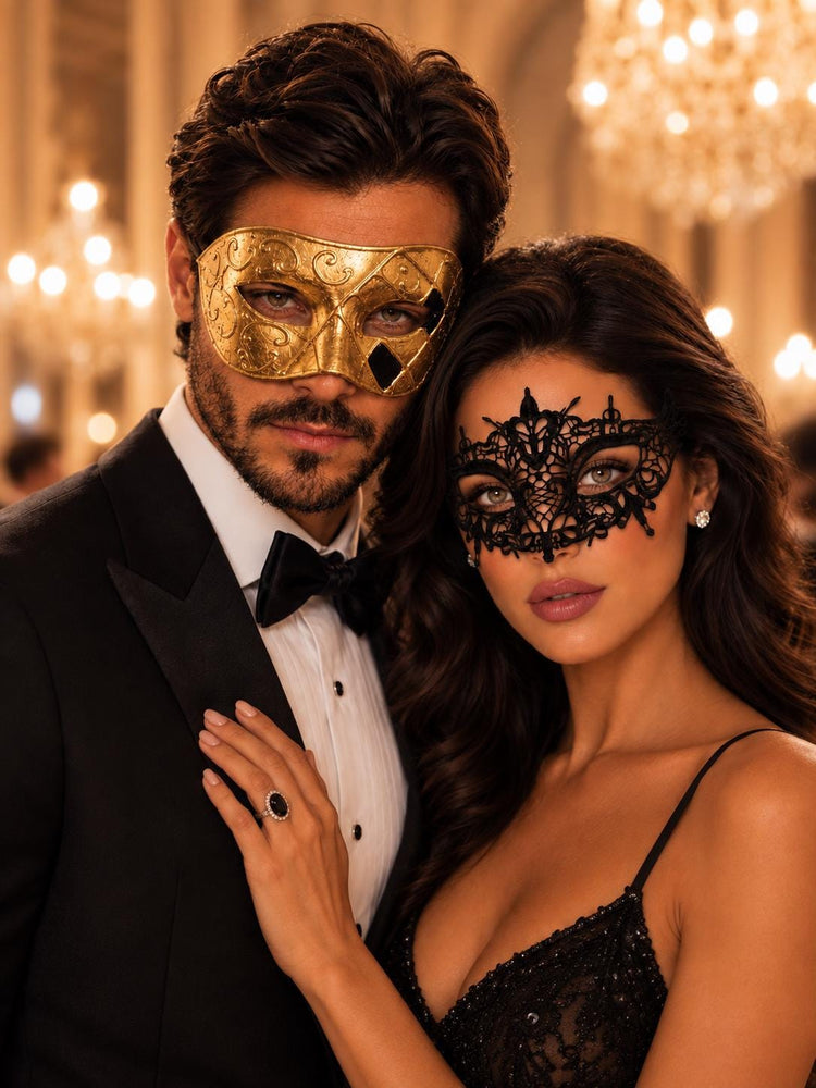Gold Classic Venetian Mask for Men & Black Lace Mask for Women | Elegant His and Hers Couples Masquerade Mask Set product view 2
