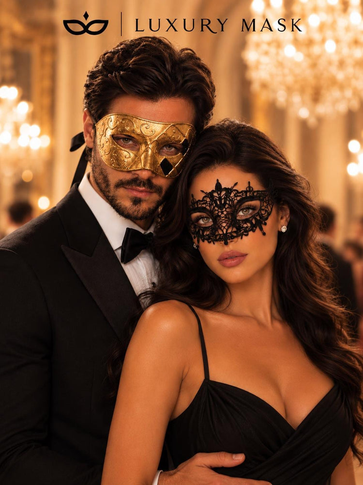 Gold Classic Venetian Mask for Men & Black Lace Mask for Women | Elegant His and Hers Couples Masquerade Mask Set product view 4