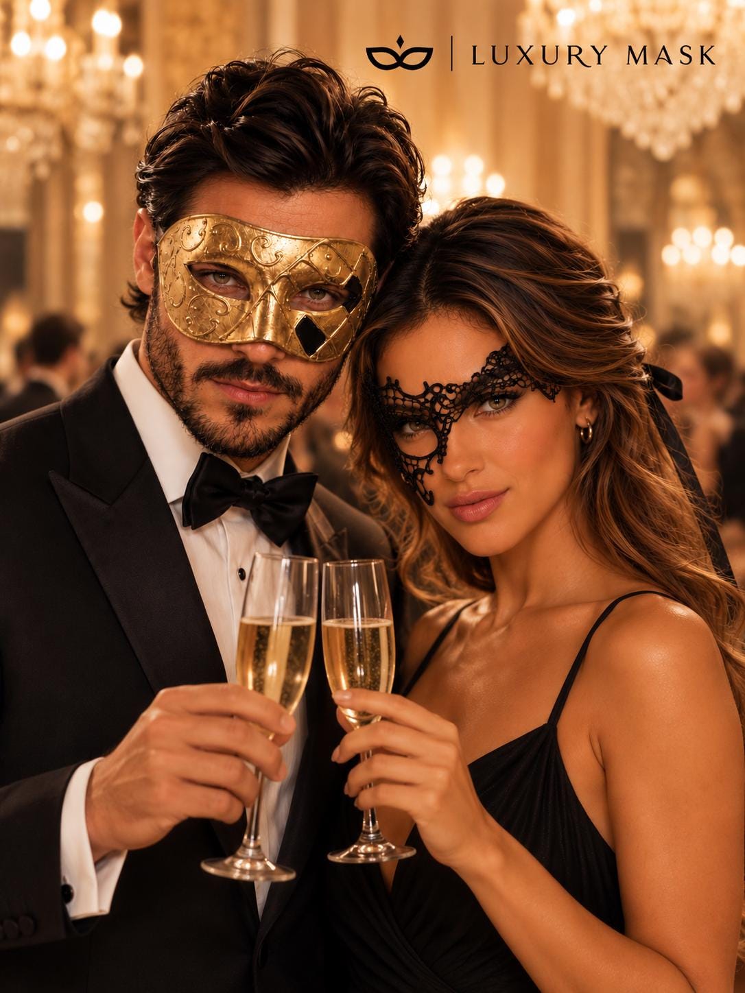 Gold Classic Venetian Mask for Men & Black Phantom Lace Mask for Women | His and Hers Couples Masquerade Mask Set product view 3