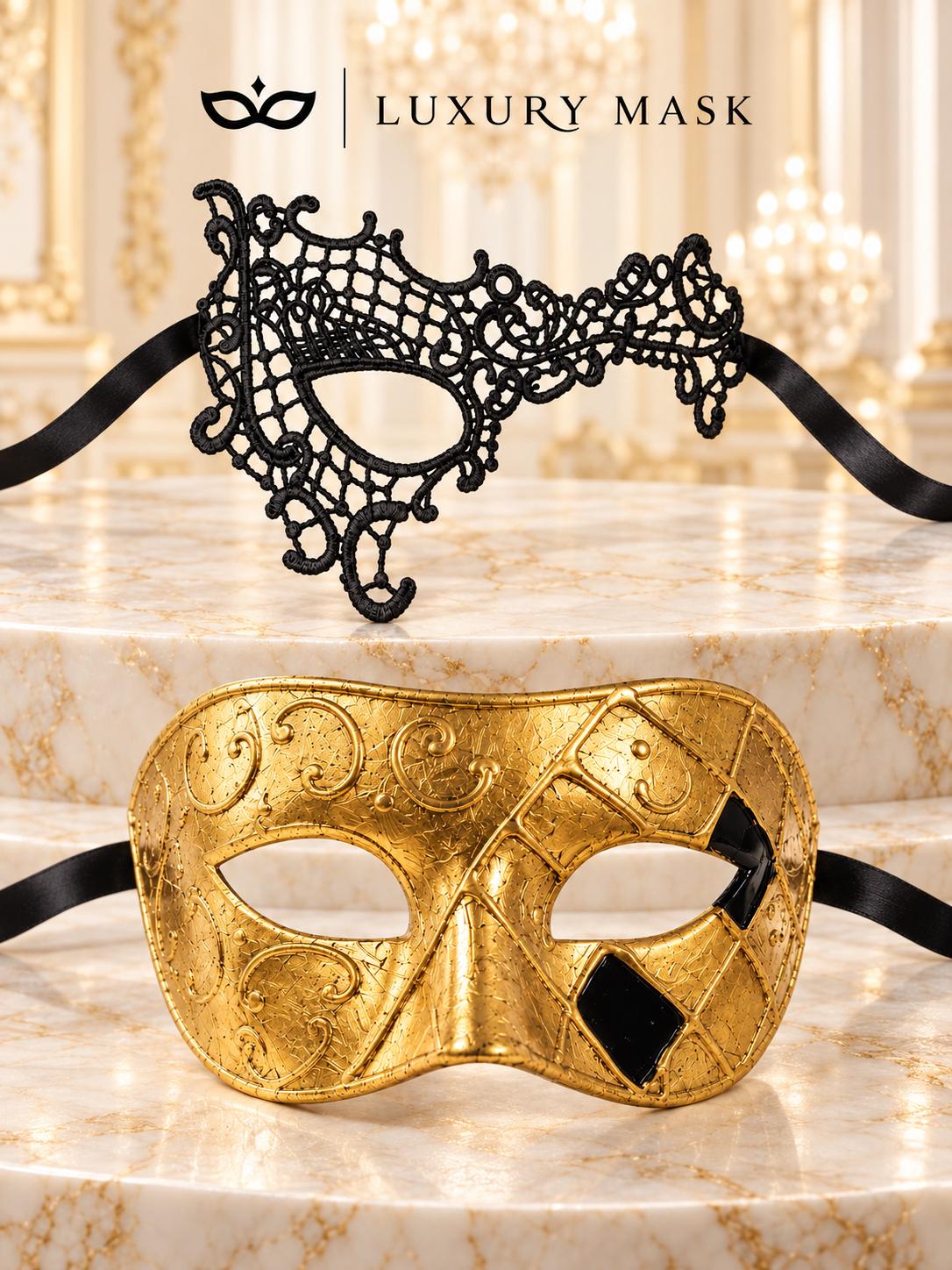 Gold Classic Venetian Mask for Men & Black Phantom Lace Mask for Women | His and Hers Couples Masquerade Mask Set product view 6