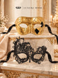 Gold Classic Venetian Mask for Men & Black Swan Lace Mask for Women | Elegant His and Hers Couples Masquerade Mask Set product view 6