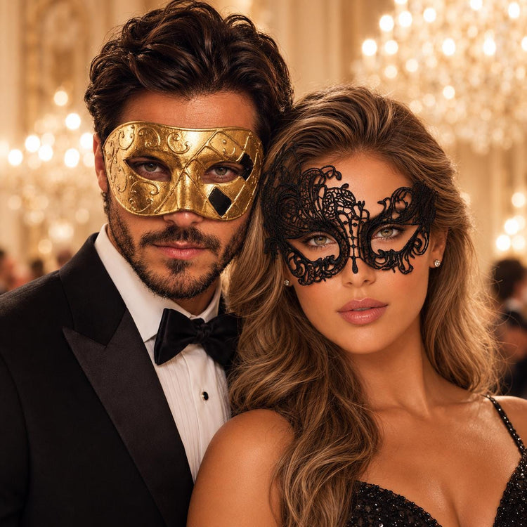Gold Classic Venetian Mask for Men & Black Swan Lace Mask for Women | Elegant His and Hers Couples Masquerade Mask Set product view 2
