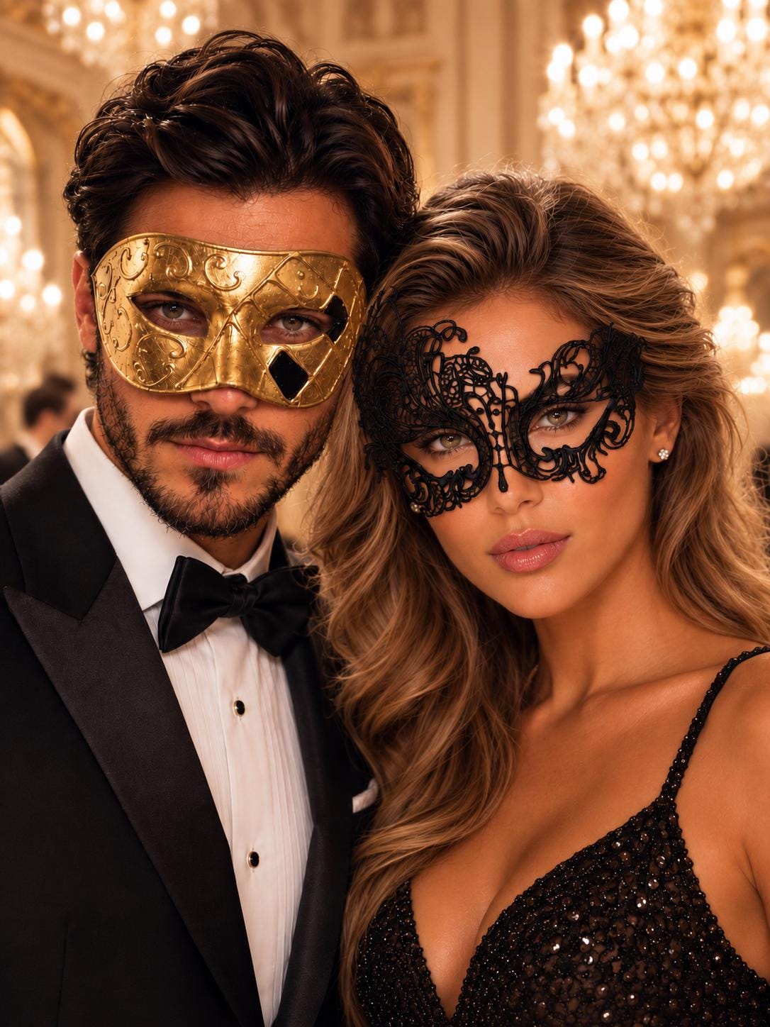Gold Classic Venetian Mask for Men & Black Swan Lace Mask for Women | Elegant His and Hers Couples Masquerade Mask Set