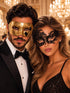 Gold Classic Venetian Mask for Men & Black Swan Lace Mask for Women | Elegant His and Hers Couples Masquerade Mask Set