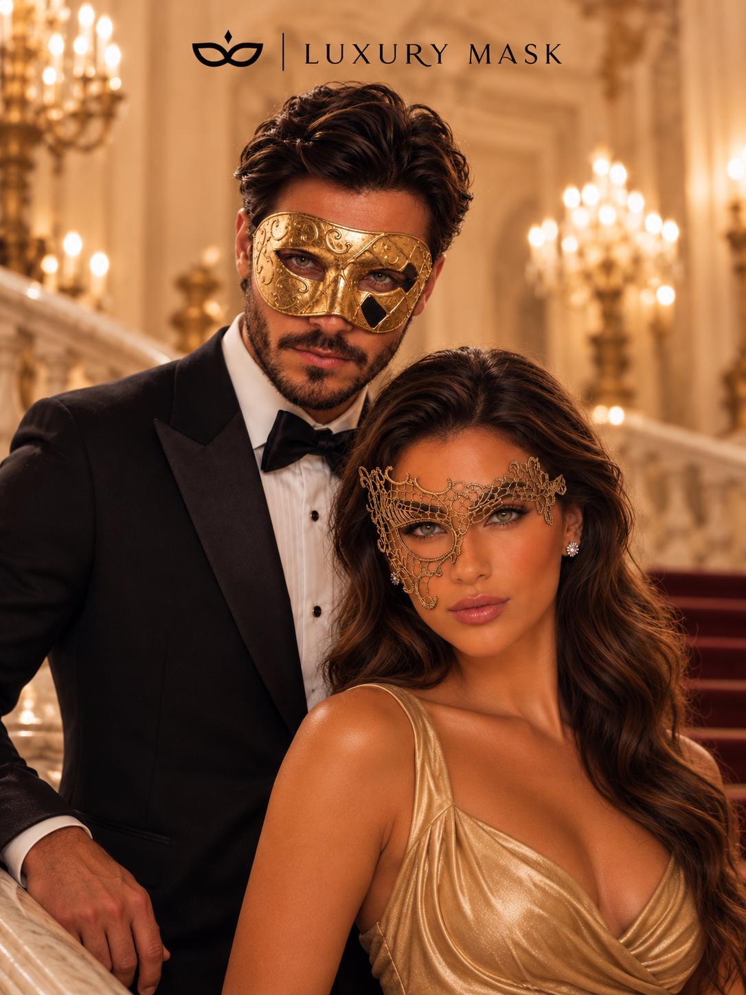 Gold Classic Venetian Mask for Men & Gold Phantom Lace Mask for Women | Matching Gold Couples Masquerade Mask Set product view 3