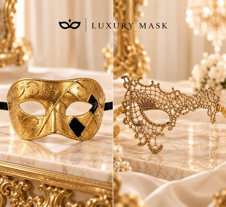 Gold Classic Venetian Mask for Men & Gold Phantom Lace Mask for Women | Matching Gold Couples Masquerade Mask Set product view 6
