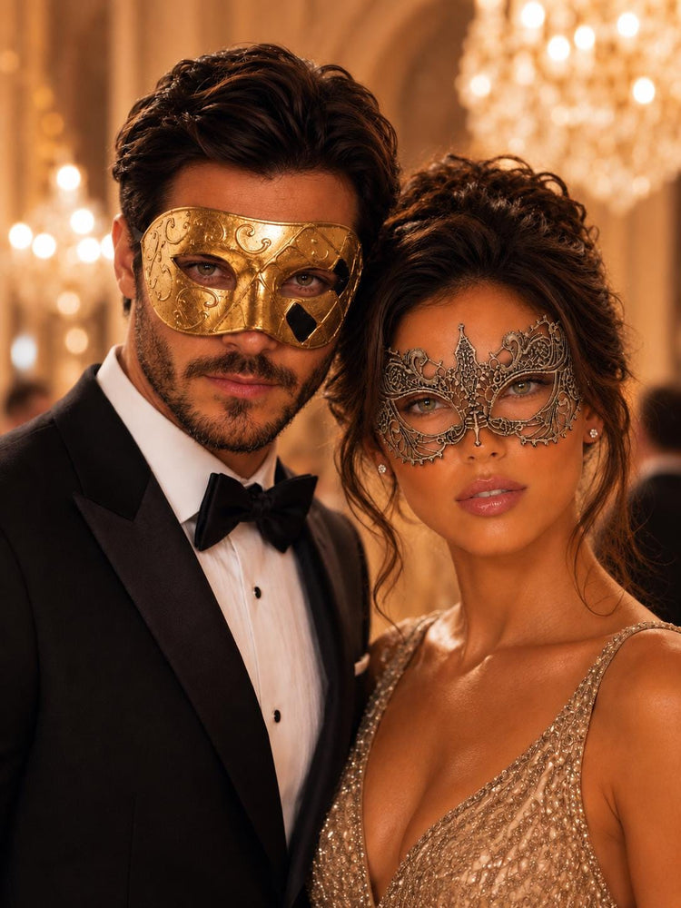 Gold Couples Masquerade Mask Matching Set | Classic Venetian Mask for Men & Elegant Gold Lace Mask for Women