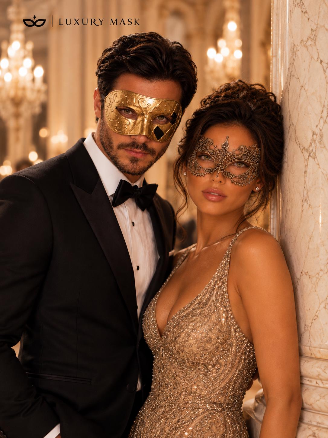 Gold Couples Masquerade Mask Matching Set | Classic Venetian Mask for Men & Elegant Gold Lace Mask for Women product view 5