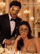 Gold Couples Masquerade Mask Set | Classic Venetian Mask for Men & Swan Lace Venetian Mask for Women product view 5
