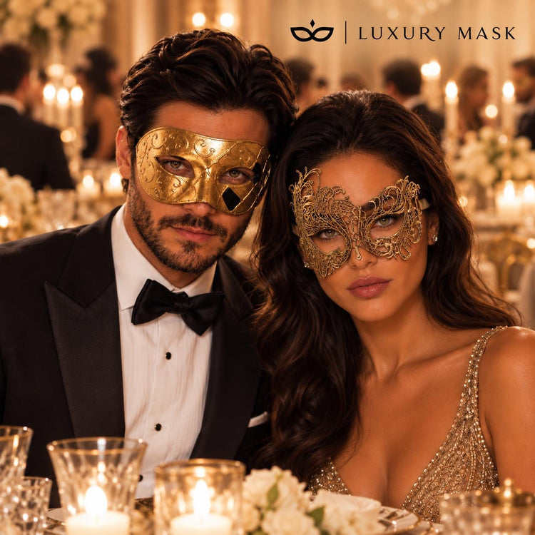 Gold Couples Masquerade Mask Set | Classic Venetian Mask for Men & Swan Lace Venetian Mask for Women product view 4