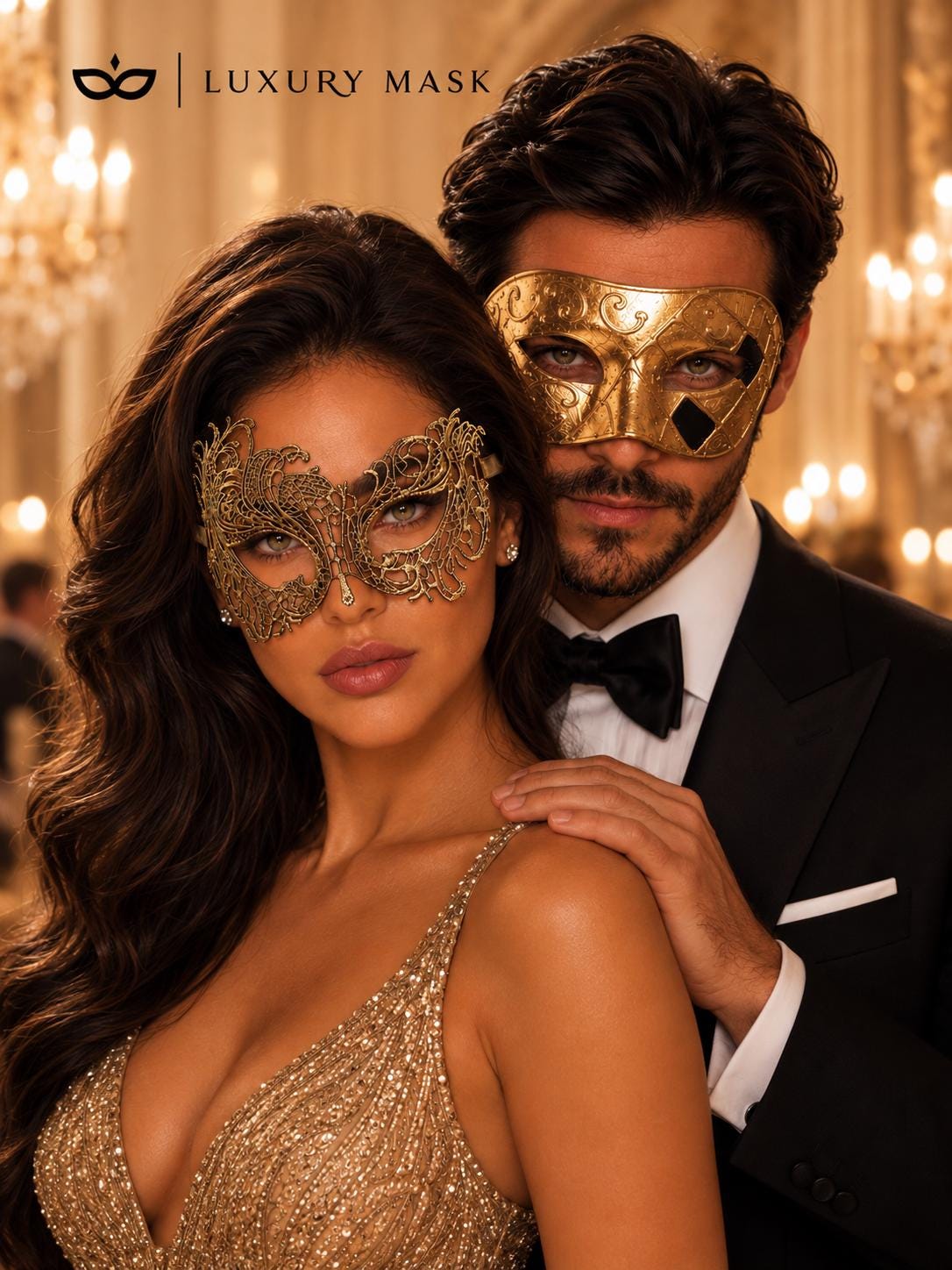 Gold Couples Masquerade Mask Set | Classic Venetian Mask for Men & Swan Lace Venetian Mask for Women product view 2