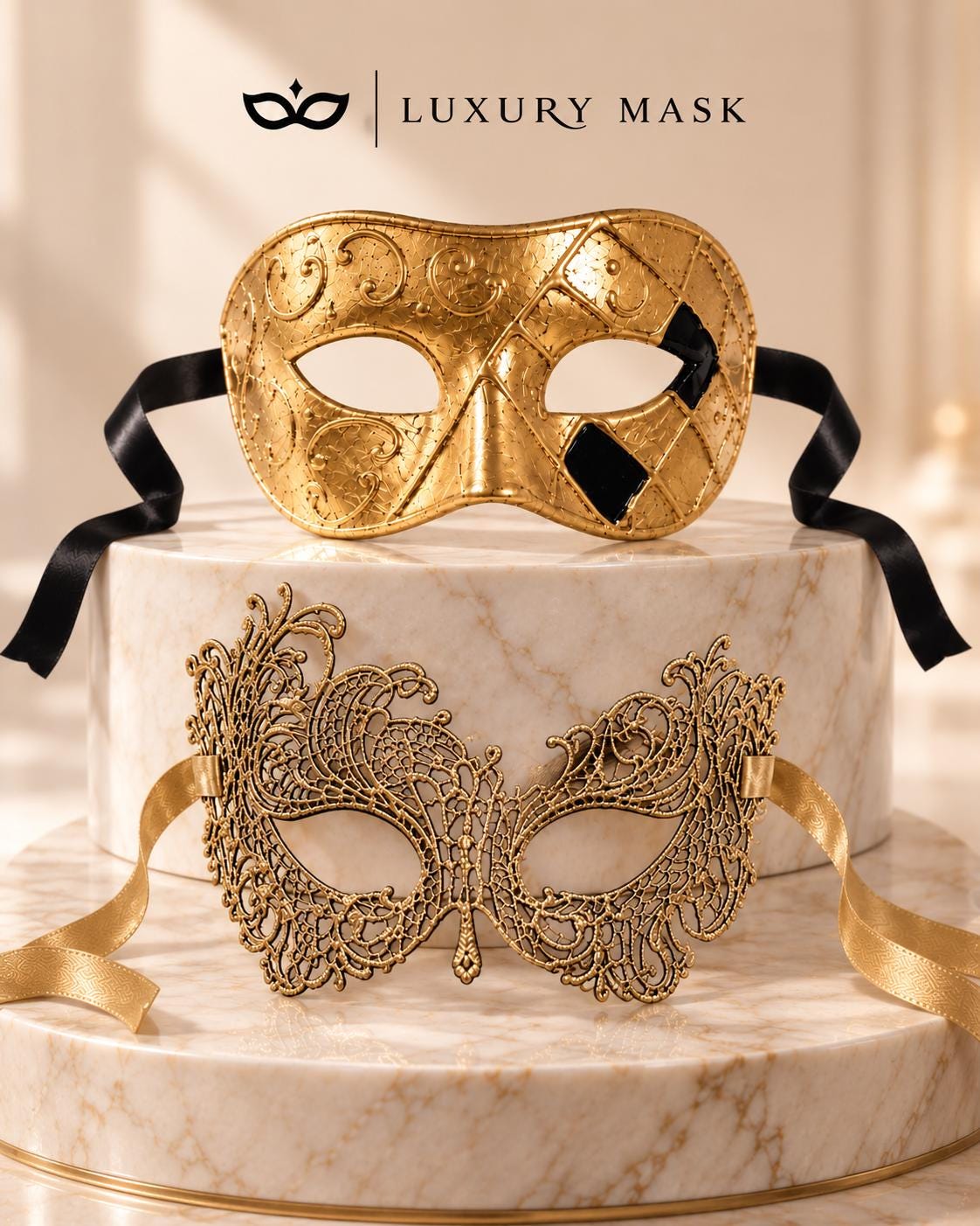 Gold Couples Masquerade Mask Set | Classic Venetian Mask for Men & Swan Lace Venetian Mask for Women product view 6