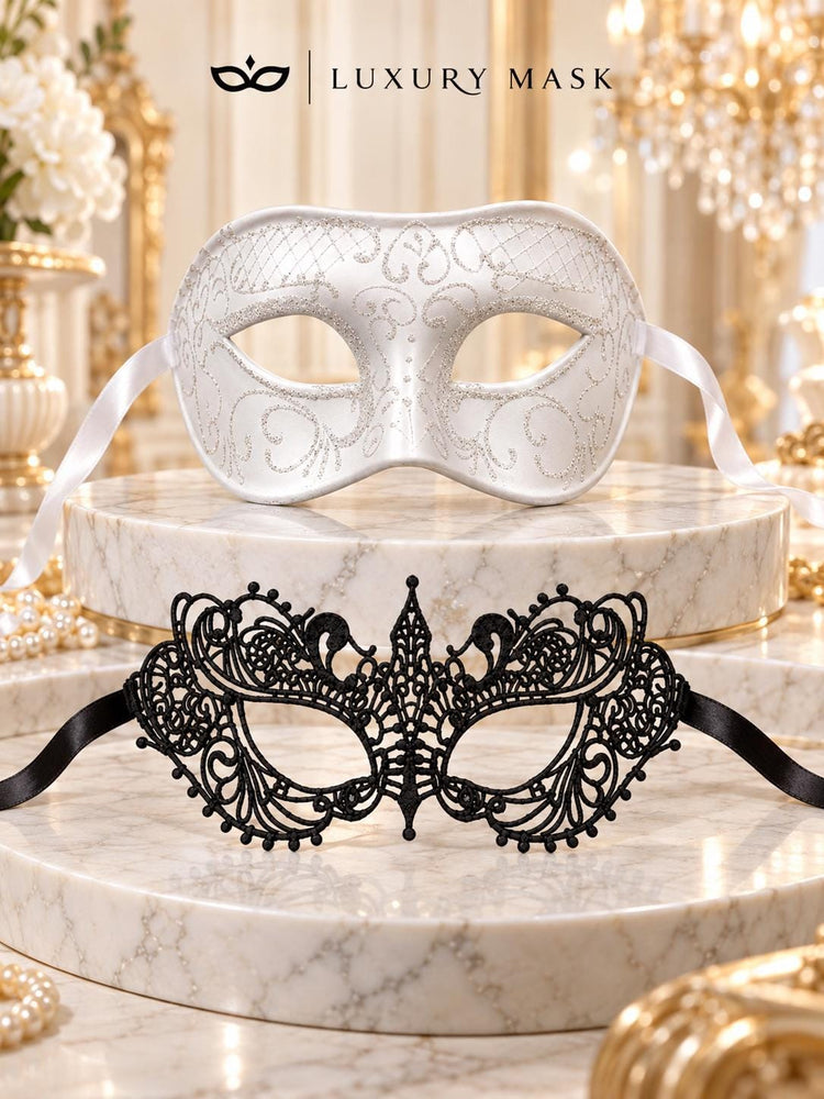 White Glitter Venetian Mask for Men with Black Lace Mask for Women | Black White Couples Masquerade Set - product image 6