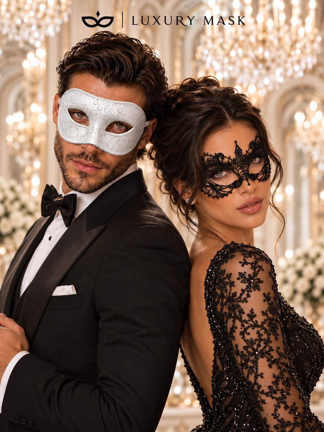 White Glitter Venetian Mask for Men with Black Lace Mask for Women | Black White Couples Masquerade Set - product image 4