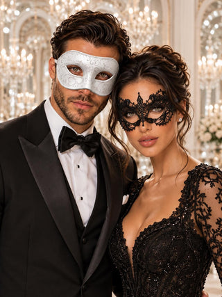 White Glitter Venetian Mask for Men with Black Lace Mask for Women | Black White Couples Masquerade Set - product image 1