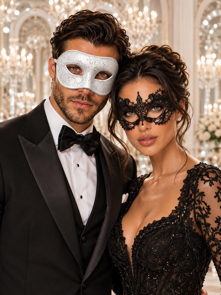 White Glitter Venetian Mask for Men with Black Lace Mask for Women | Black White Couples Masquerade Set - product image 1