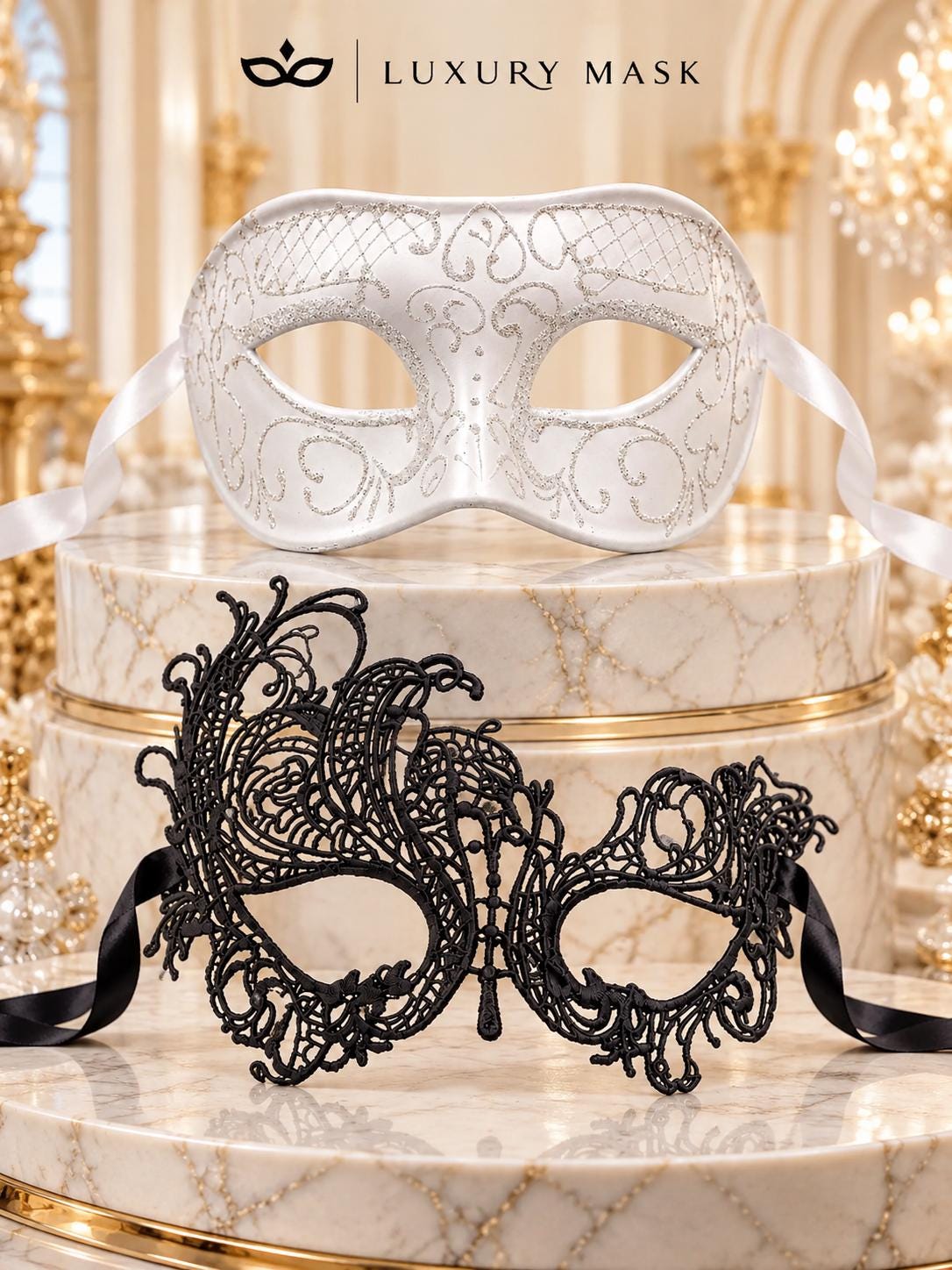 White Glitter Venetian Mask for Men & Black Swan Lace Mask for Women | Elegant Masquerade Masks for Couples - product image 6