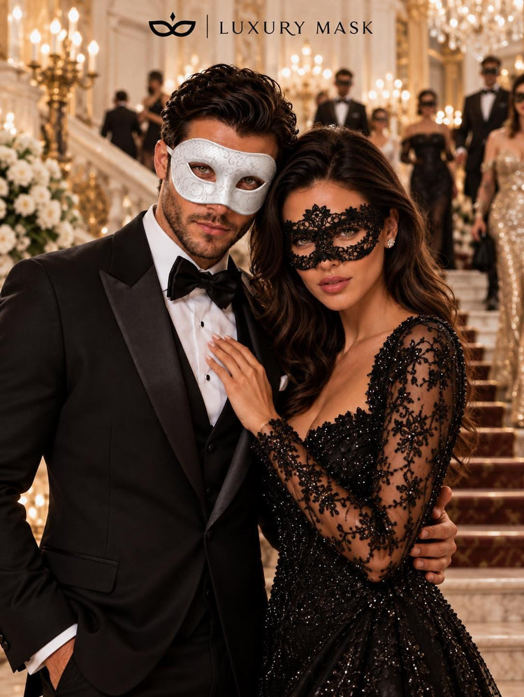 Black Flower Lace Mask for Women with White Glitter Venetian Mask for Men | Black White Masquerade Couple Set - product image 5