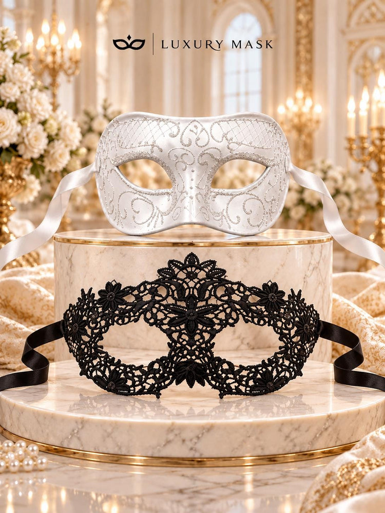 Black Flower Lace Mask for Women with White Glitter Venetian Mask for Men | Black White Masquerade Couple Set - product image 6