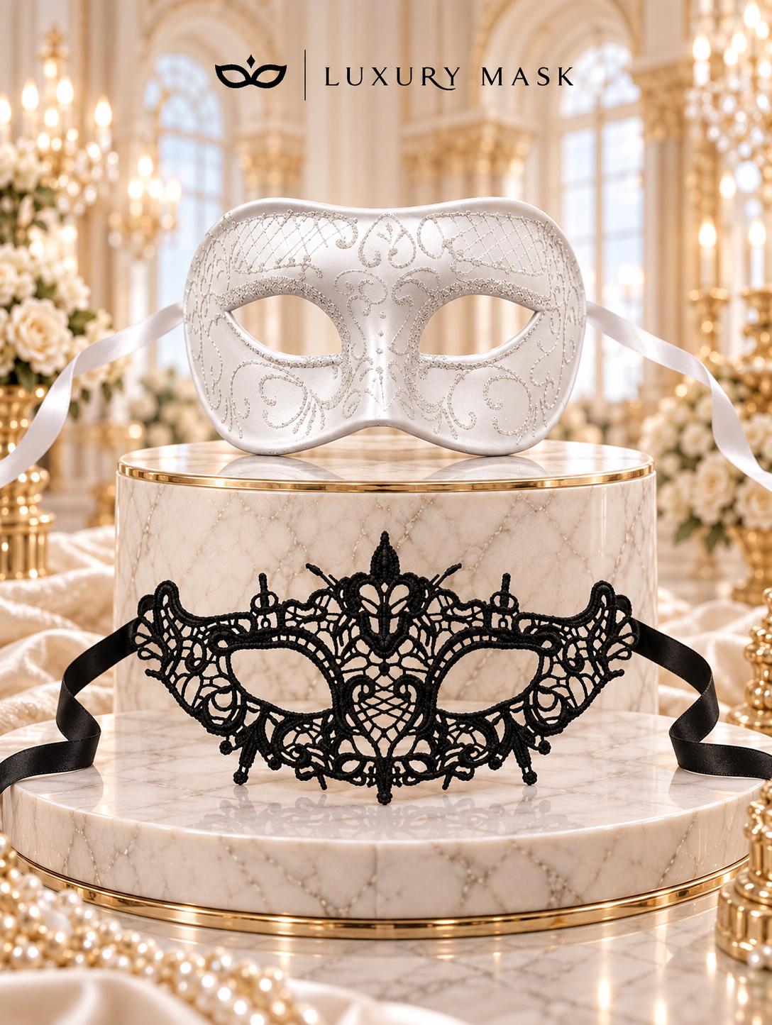 White Glitter Men’s Venetian Mask with Black Lace Women’s Mask | Classic Black White Masquerade Pair - product image 6