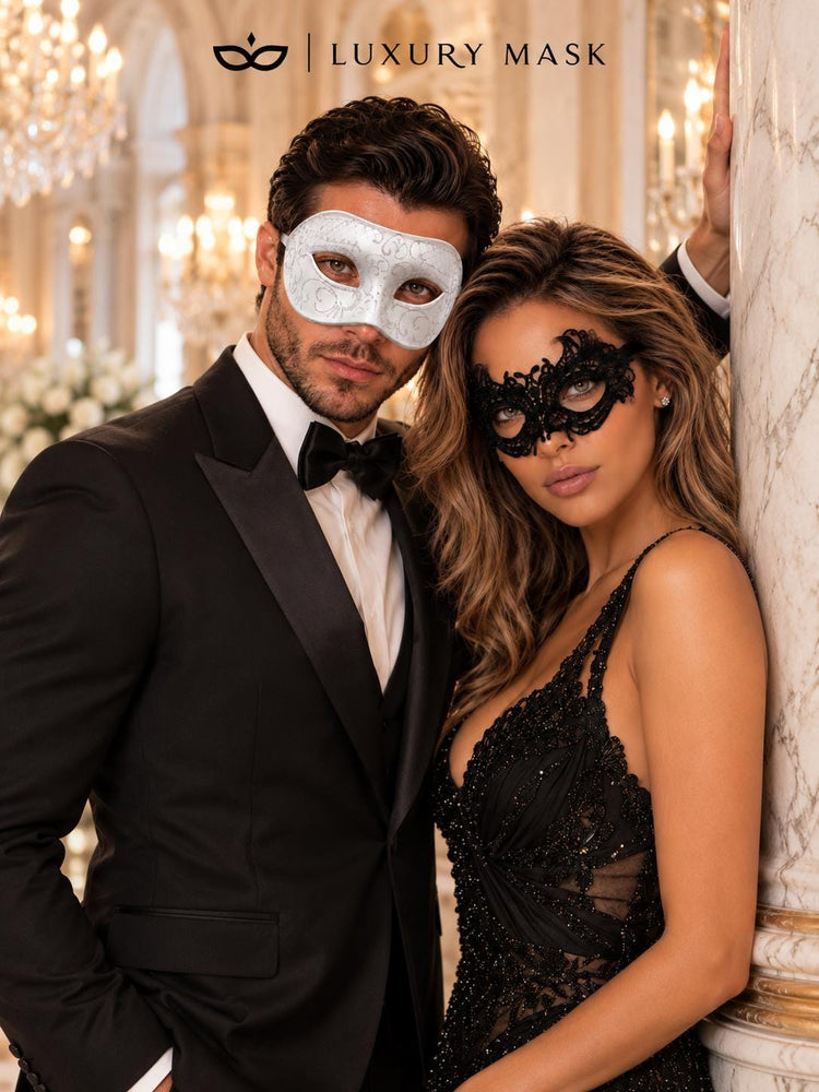 Black Lace & White Glitter Masquerade Masks for Couples | Women’s Lace Eye Mask with Men’s Venetian Mask - product image 3