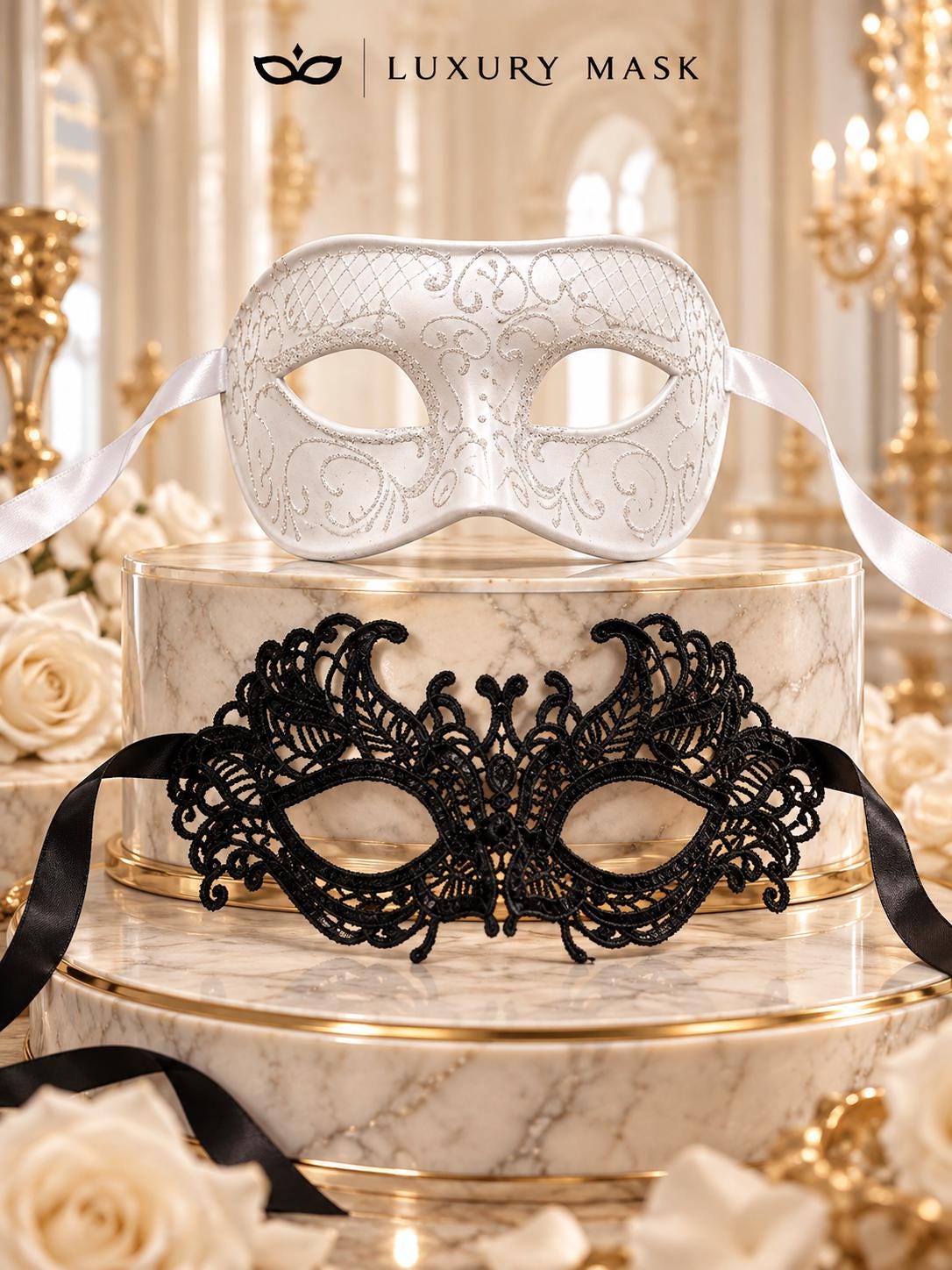 Black Lace & White Glitter Masquerade Masks for Couples | Women’s Lace Eye Mask with Men’s Venetian Mask - product image 6