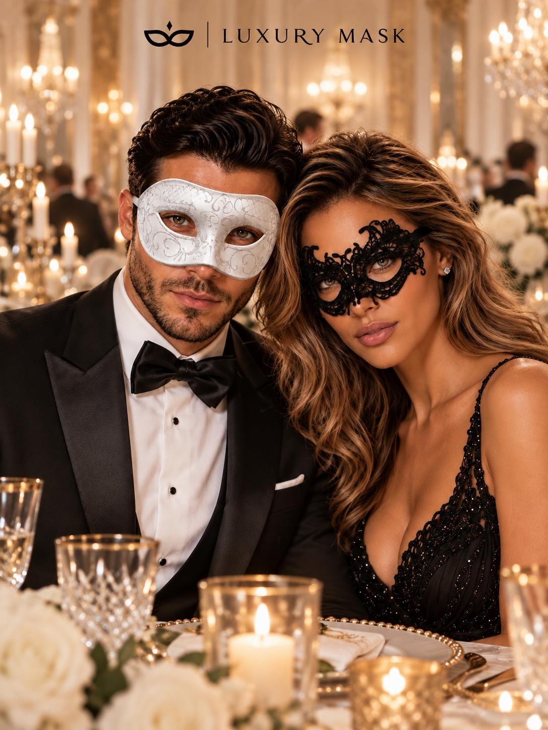 Black Lace & White Glitter Masquerade Masks for Couples | Women’s Lace Eye Mask with Men’s Venetian Mask - product image 5