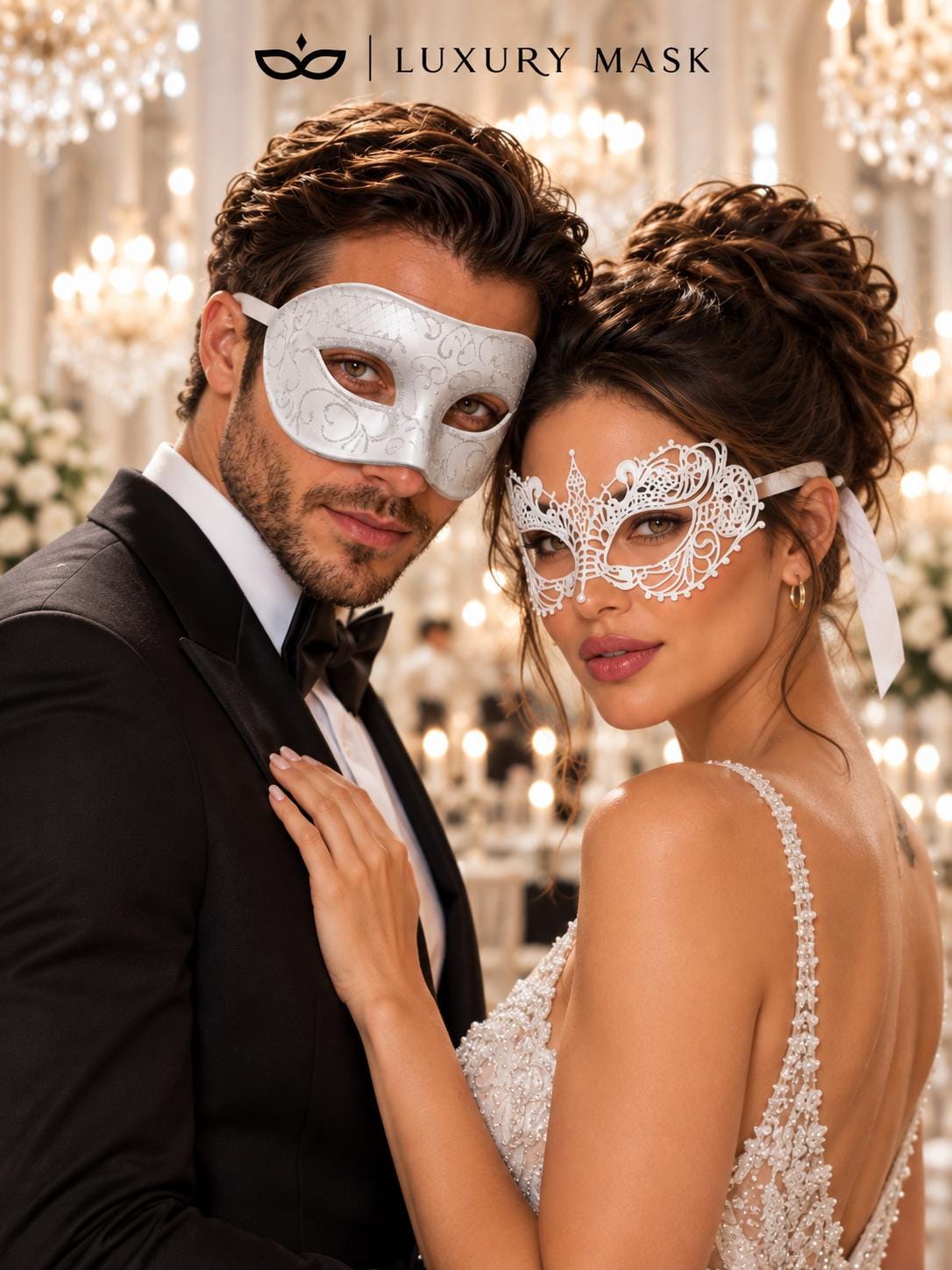 White Glitter Venetian Masks for Couples | Men’s Classic Masquerade Mask with Women’s White Lace Eye Mask - product image 5
