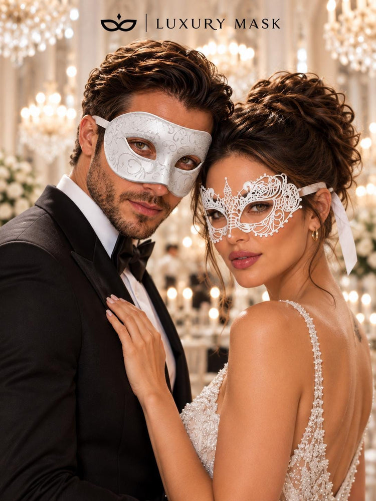 White Glitter Venetian Masks for Couples | Men’s Classic Masquerade Mask with Women’s White Lace Eye Mask - product image 5