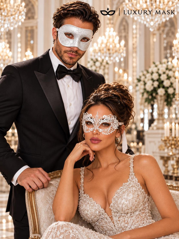 White Glitter Venetian Masks for Couples | Men’s Classic Masquerade Mask with Women’s White Lace Eye Mask - product image 3