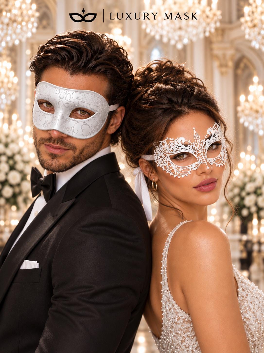 White Glitter Venetian Masks for Couples | Men’s Classic Masquerade Mask with Women’s White Lace Eye Mask - product image 4