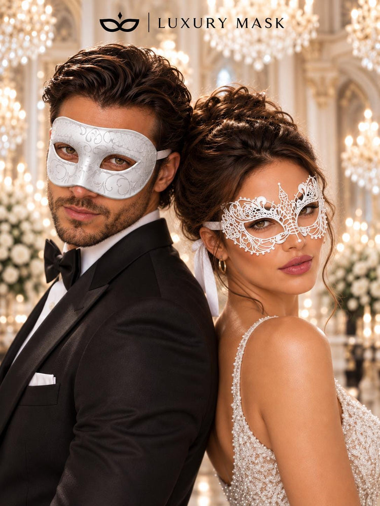 White Glitter Venetian Masks for Couples | Men’s Classic Masquerade Mask with Women’s White Lace Eye Mask - product image 4
