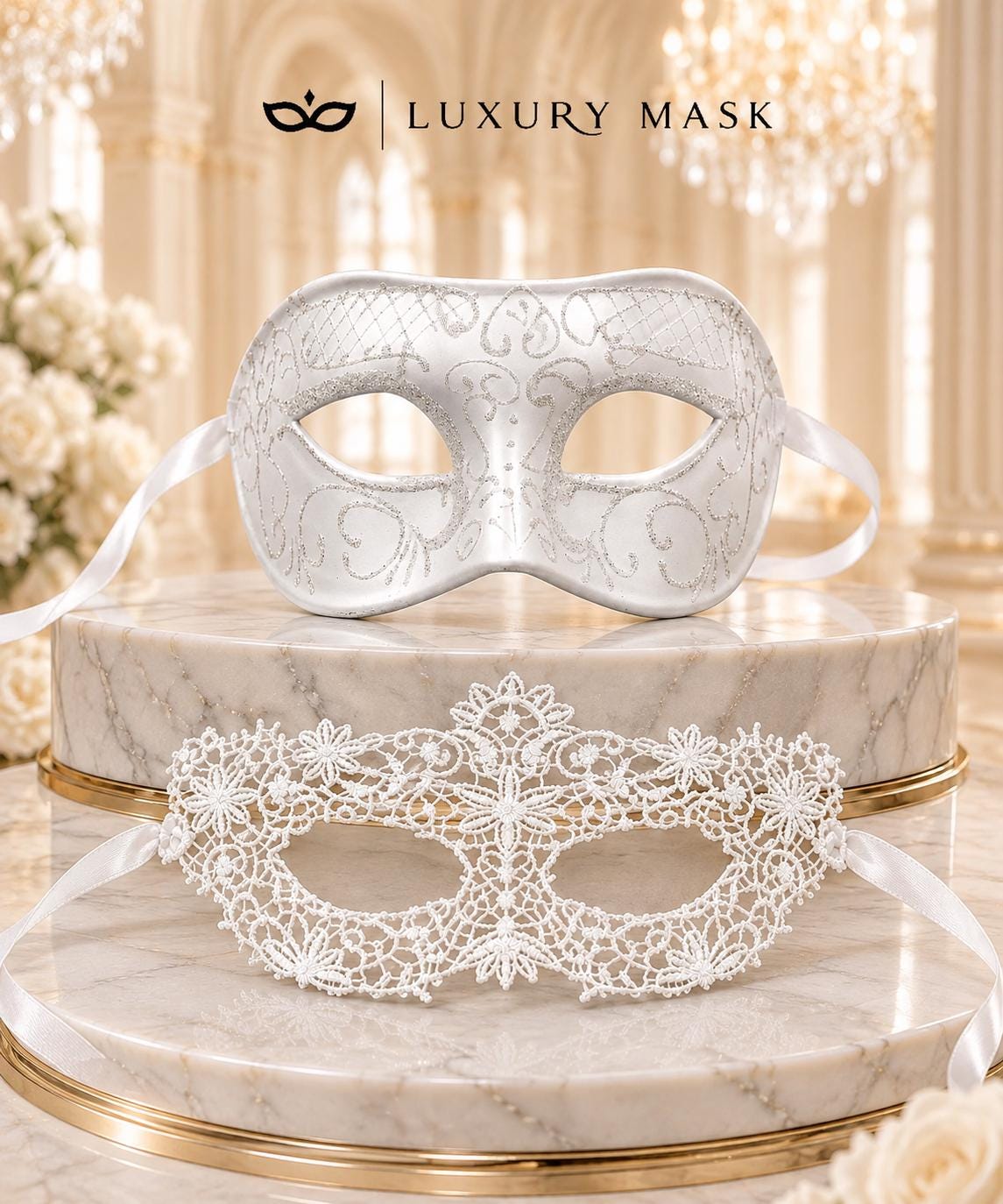 White Flower Lace Mask for Women with White Glitter Venetian Mask for Men | Elegant White Masquerade Couple Set - product image 6