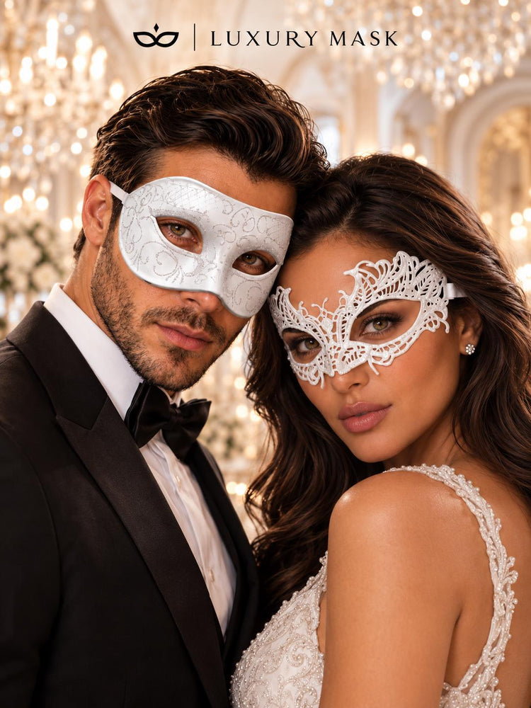 White Lace Masquerade Mask for Women & White Glitter Venetian Mask for Men | All White Couples Mask Set - product image 2