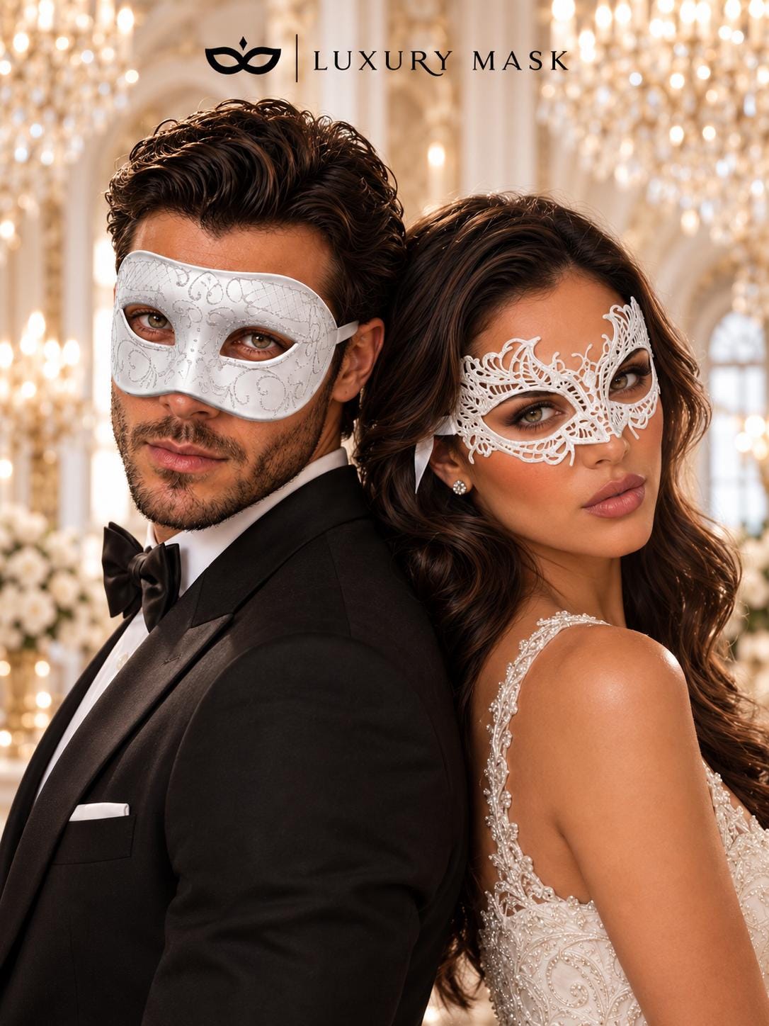 White Lace Masquerade Mask for Women & White Glitter Venetian Mask for Men | All White Couples Mask Set - product image 4