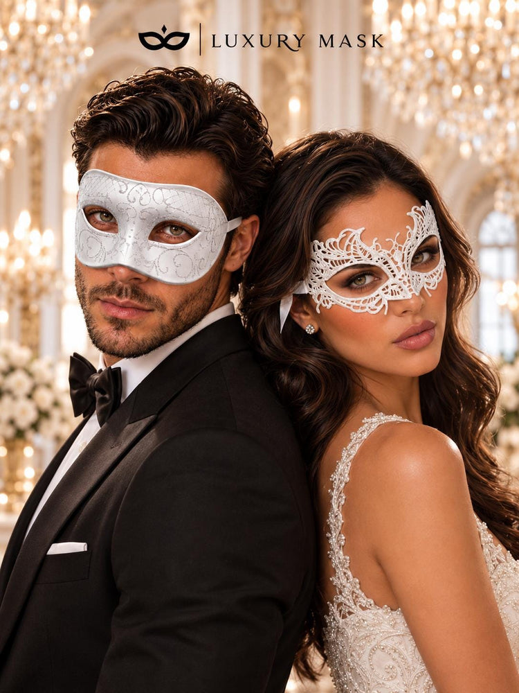 White Lace Masquerade Mask for Women & White Glitter Venetian Mask for Men | All White Couples Mask Set - product image 4