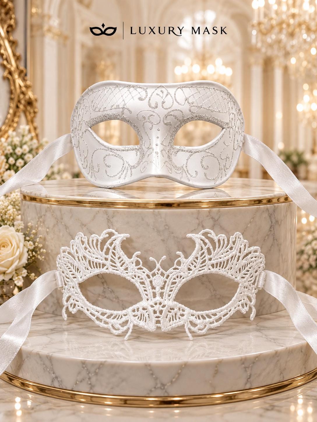 White Lace Masquerade Mask for Women & White Glitter Venetian Mask for Men | All White Couples Mask Set - product image 6