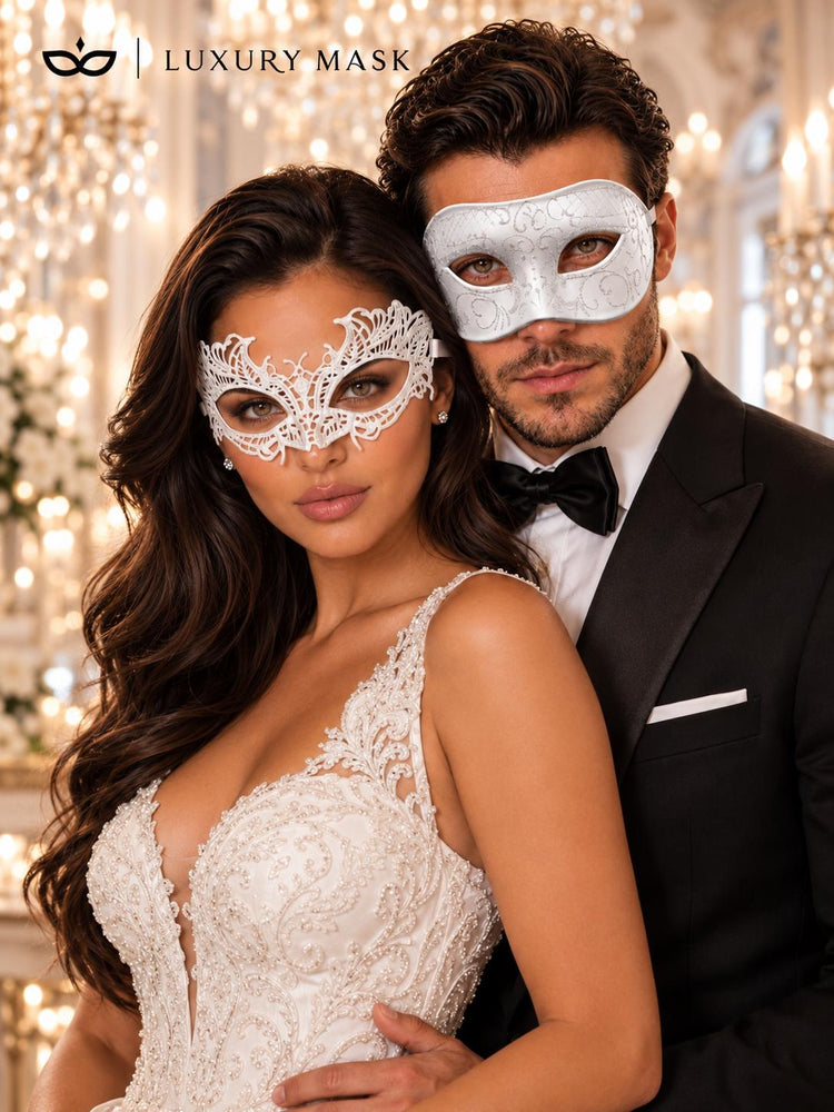 White Lace Masquerade Mask for Women & White Glitter Venetian Mask for Men | All White Couples Mask Set - product image 3