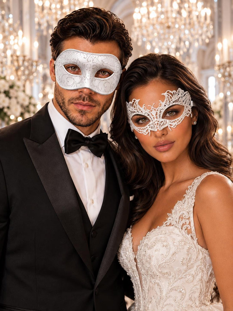 White Lace Masquerade Mask for Women & White Glitter Venetian Mask for Men | All White Couples Mask Set - product image 1